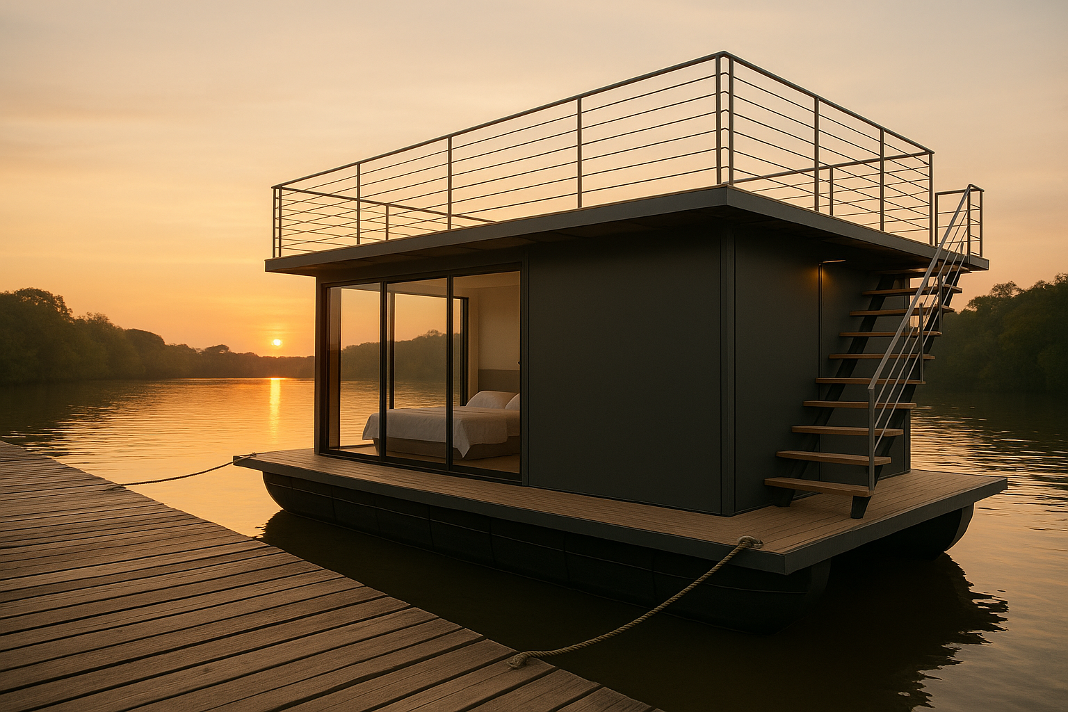 Casa flutuante ao pôr do sol